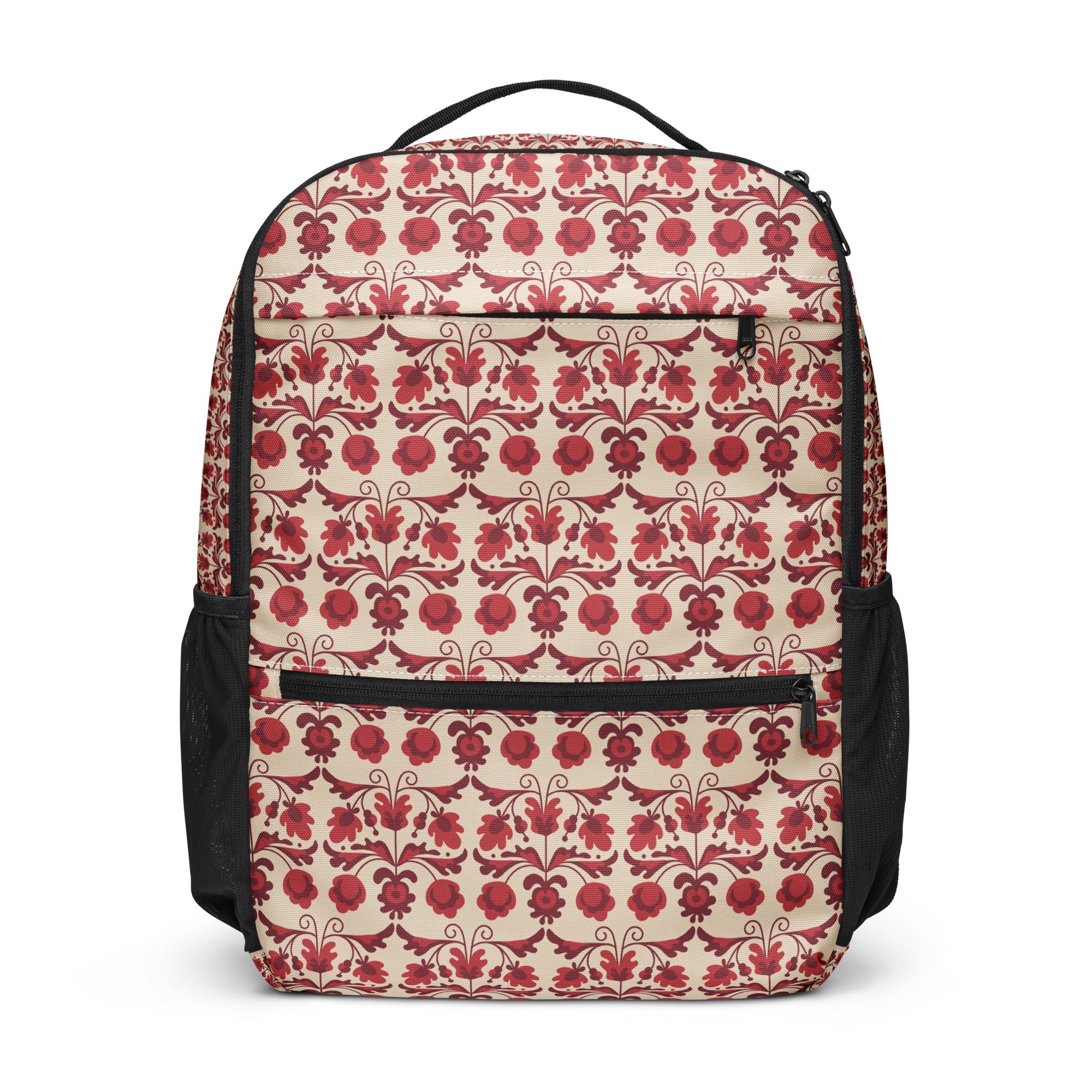Burgundy Floral Damask - White